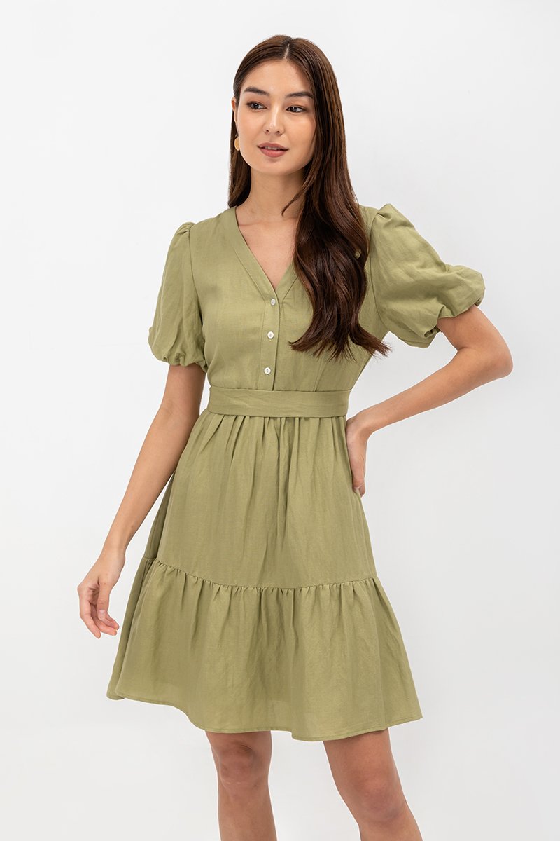  GRETAL V NECK BUTTONDOWN TIERED MINI LINEN DRESS