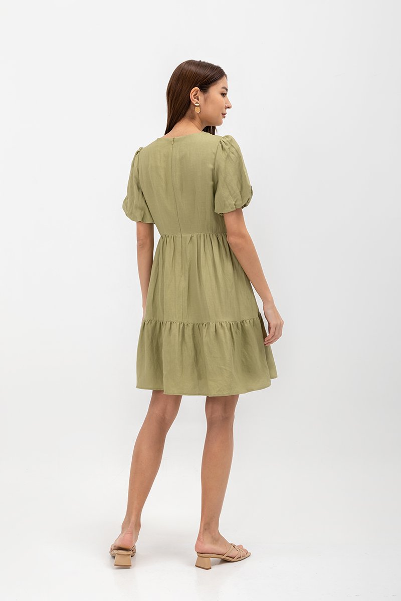  GRETAL V NECK BUTTONDOWN TIERED MINI LINEN DRESS