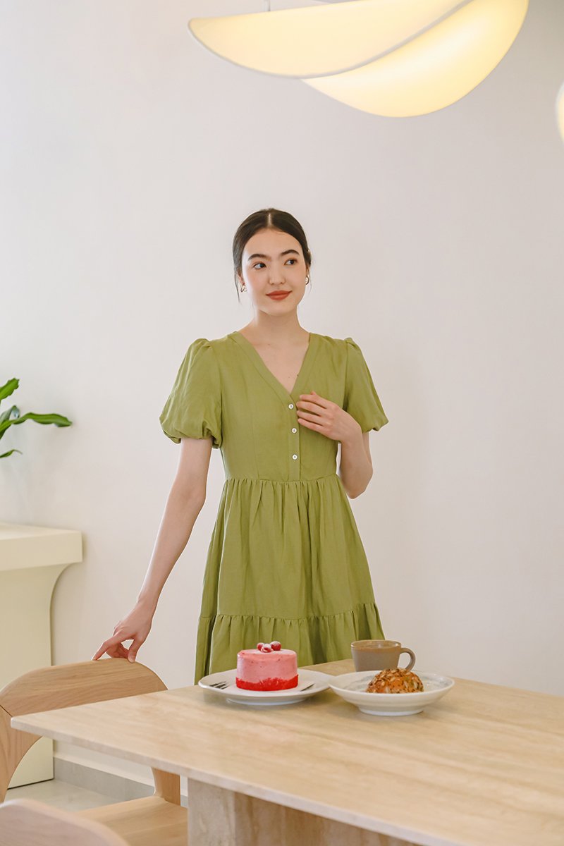  GRETAL V NECK BUTTONDOWN TIERED MINI LINEN DRESS