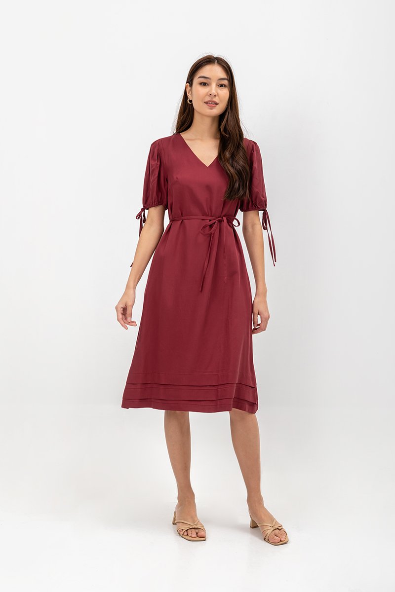 URSA V NECK TIE SLEEVES MIDI DRESS W SASH