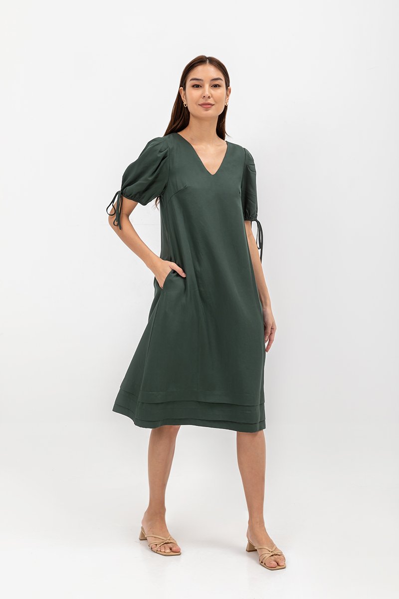 URSA V NECK TIE SLEEVES MIDI DRESS W SASH