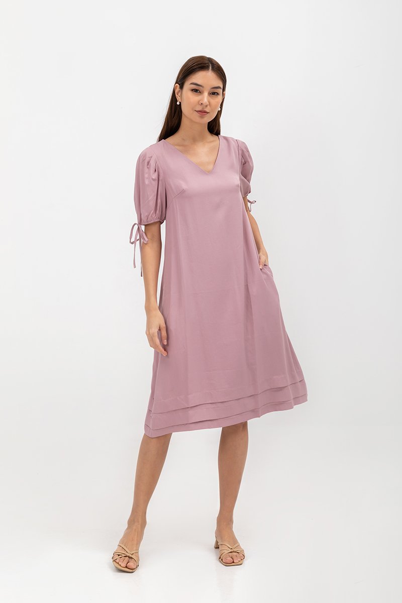 URSA V NECK TIE SLEEVES MIDI DRESS W SASH