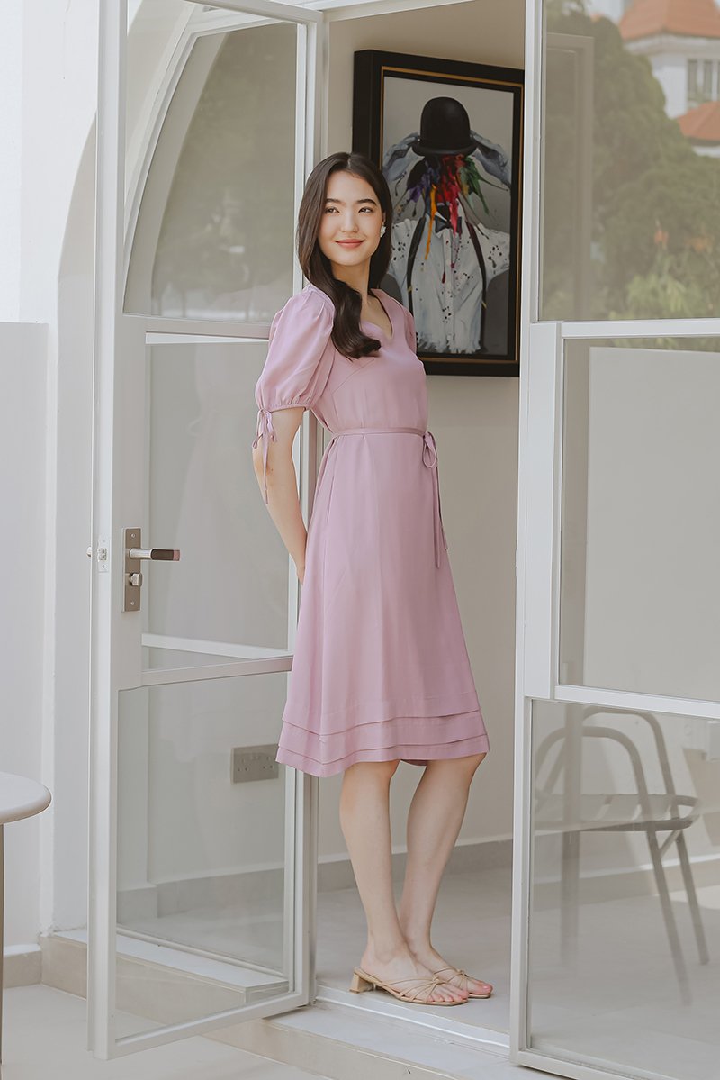 URSA V NECK TIE SLEEVES MIDI DRESS W SASH