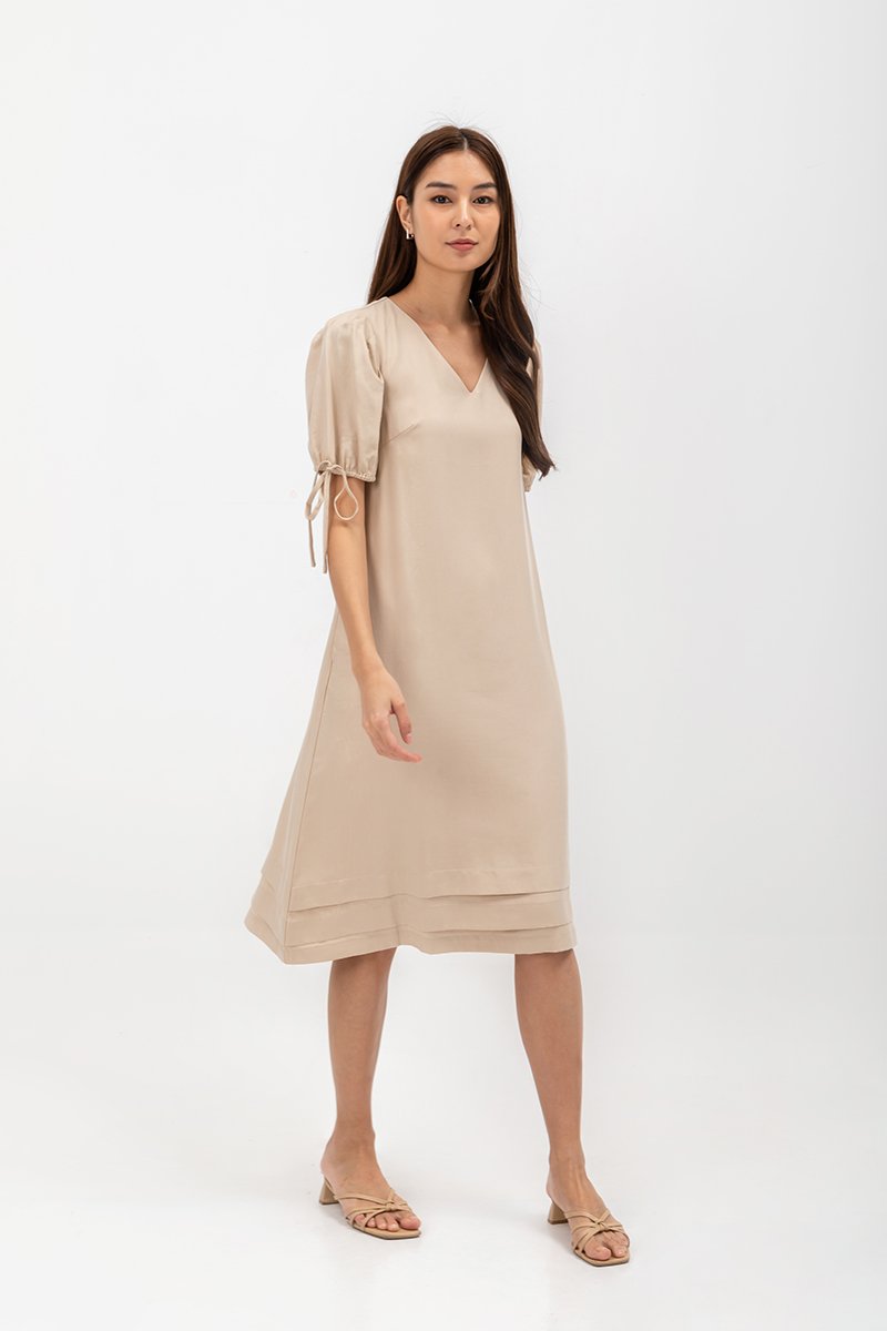 URSA V NECK TIE SLEEVES MIDI DRESS W SASH