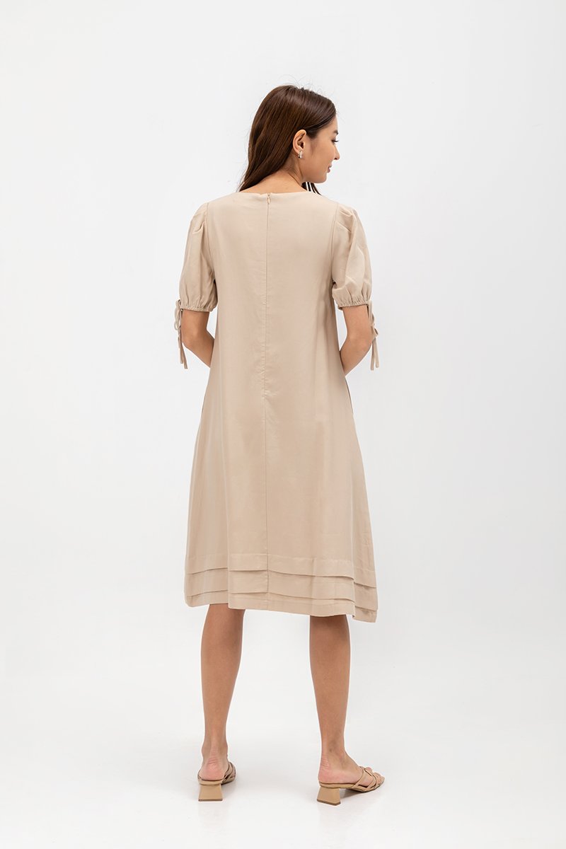 URSA V NECK TIE SLEEVES MIDI DRESS W SASH