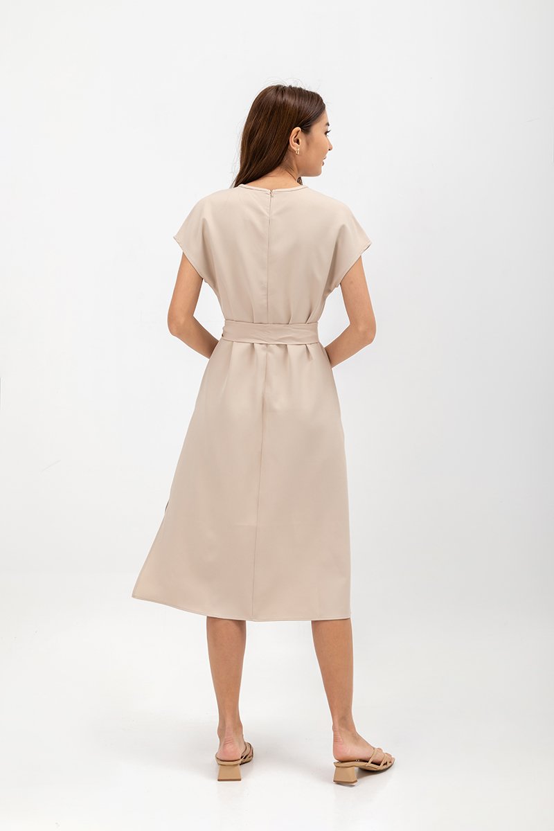 GEMMA CAP SLEEVE MIDI DRESS WITH SASH