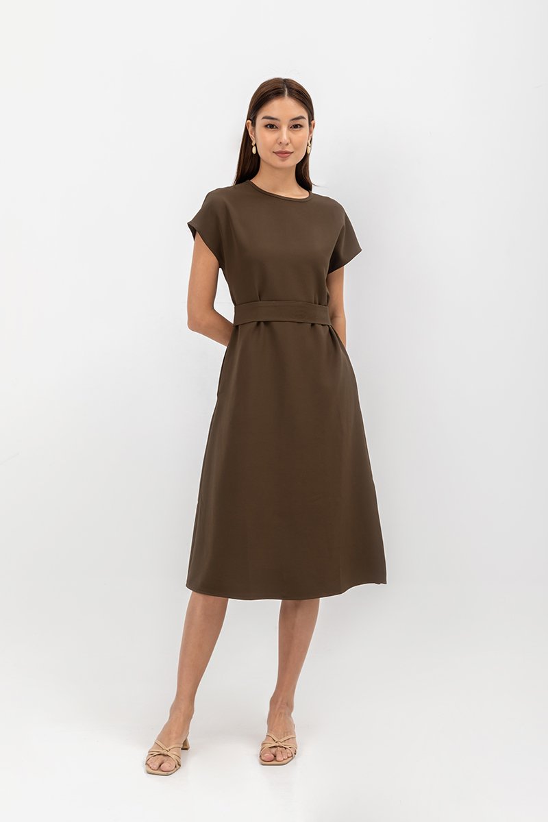 GEMMA CAP SLEEVE MIDI DRESS WITH SASH