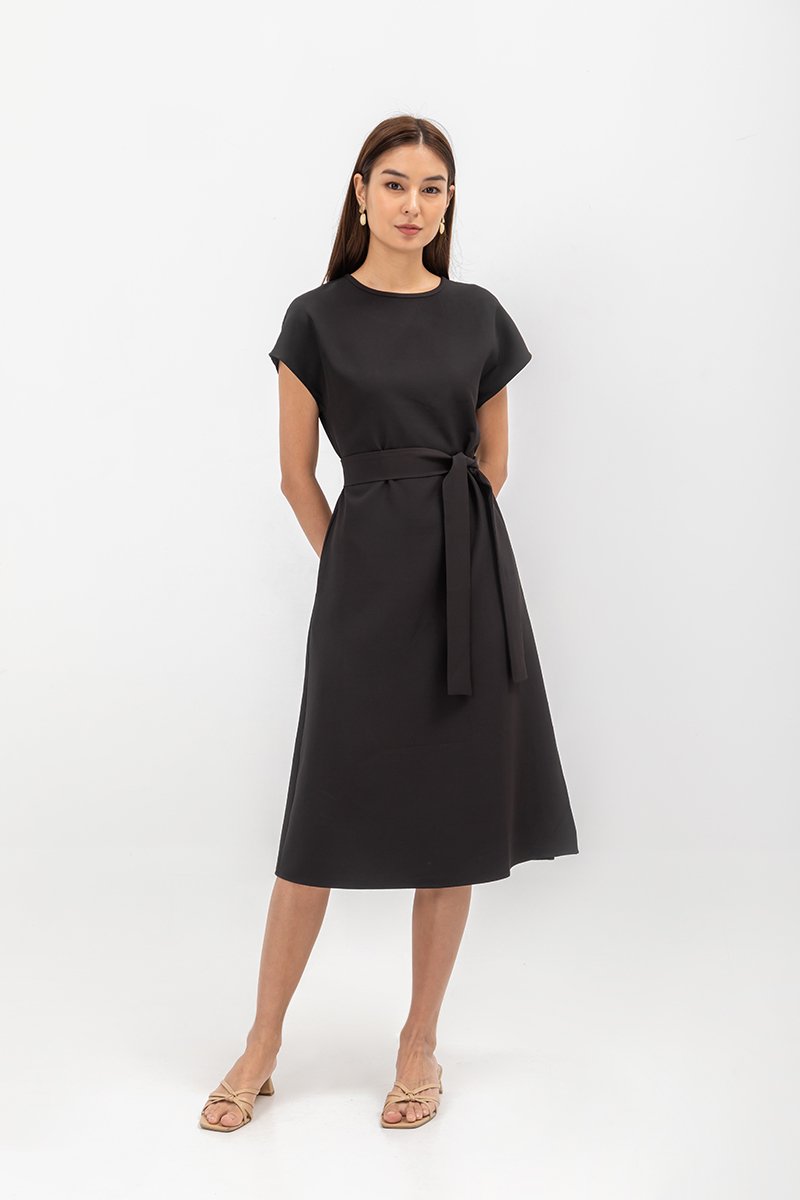 GEMMA CAP SLEEVE MIDI DRESS WITH SASH