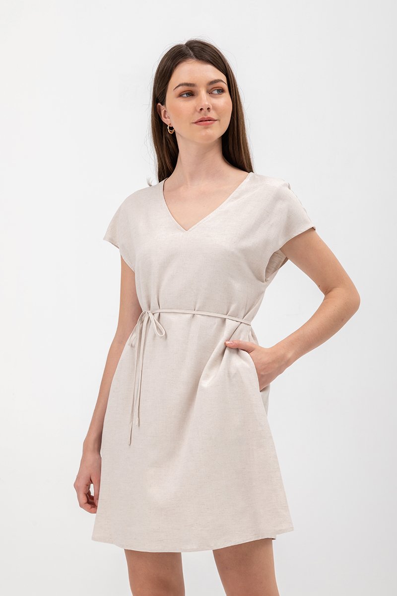 ZURI KAFTAN LINEN MINI DRESS W SASH