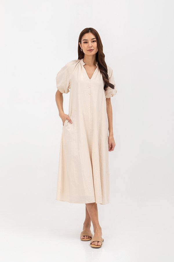 MAEVA PUFF SLEEVE BUTTONDOWN NOTCHED MAXI DRESS