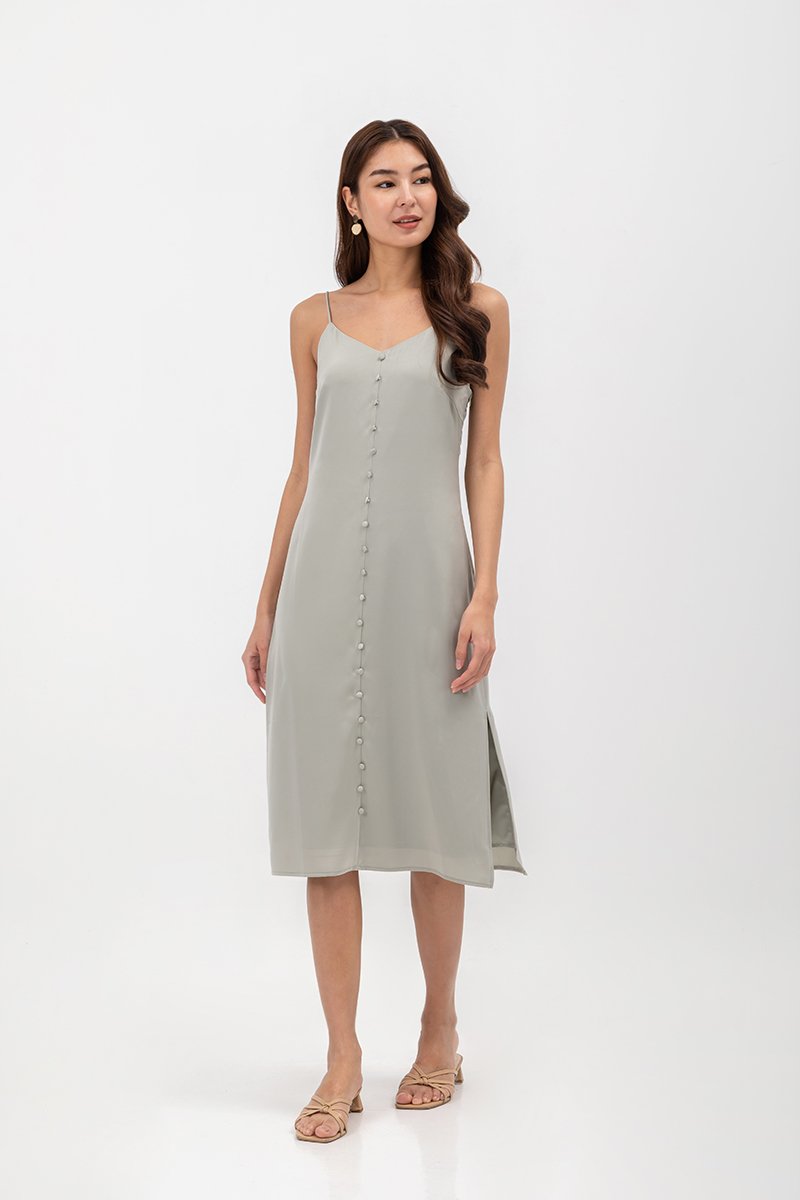 GRACELYN SATIN BUTTONDOWN MIDI SLIP DRESS