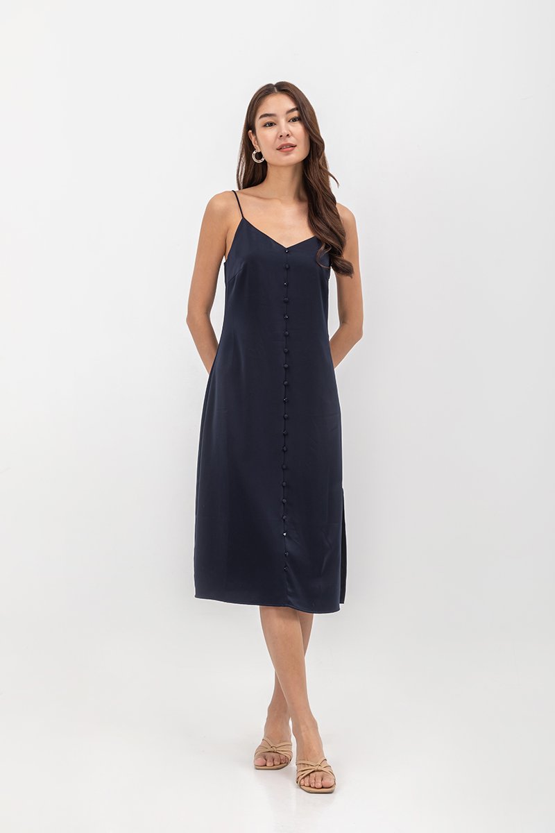 GRACELYN SATIN BUTTONDOWN MIDI SLIP DRESS