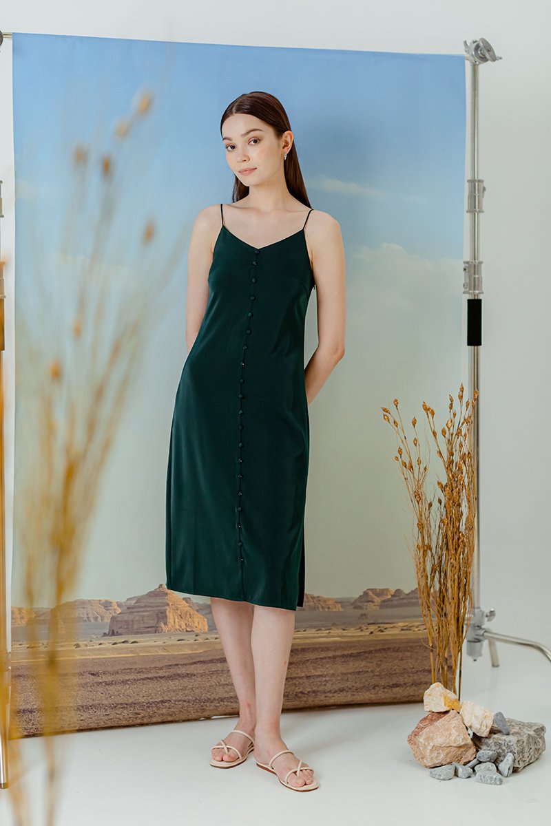 GRACELYN SATIN BUTTONDOWN MIDI SLIP DRESS