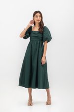 LYDIA PUFF SLEEVE PLEATED CHEST MIDI DRESS