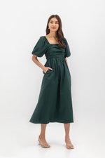 LYDIA PUFF SLEEVE PLEATED CHEST MIDI DRESS
