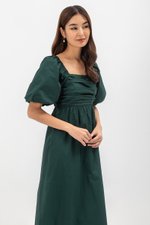 LYDIA PUFF SLEEVE PLEATED CHEST MIDI DRESS