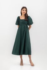 LYDIA PUFF SLEEVE PLEATED CHEST MIDI DRESS