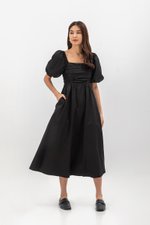 LYDIA PUFF SLEEVE PLEATED CHEST MIDI DRESS