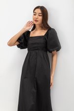 LYDIA PUFF SLEEVE PLEATED CHEST MIDI DRESS