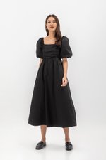 LYDIA PUFF SLEEVE PLEATED CHEST MIDI DRESS