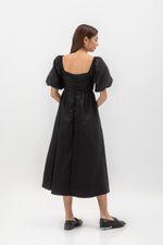 LYDIA PUFF SLEEVE PLEATED CHEST MIDI DRESS