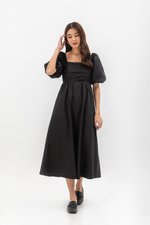 LYDIA PUFF SLEEVE PLEATED CHEST MIDI DRESS