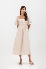 LYDIA PUFF SLEEVE PLEATED CHEST MIDI DRESS