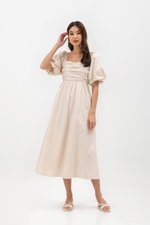 LYDIA PUFF SLEEVE PLEATED CHEST MIDI DRESS