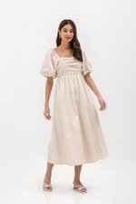 LYDIA PUFF SLEEVE PLEATED CHEST MIDI DRESS