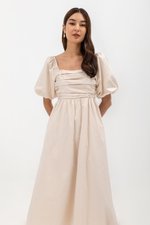 LYDIA PUFF SLEEVE PLEATED CHEST MIDI DRESS