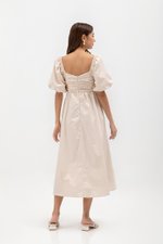LYDIA PUFF SLEEVE PLEATED CHEST MIDI DRESS