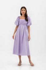 LYDIA PUFF SLEEVE PLEATED CHEST MIDI DRESS