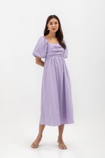 LYDIA PUFF SLEEVE PLEATED CHEST MIDI DRESS