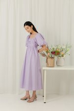 LYDIA PUFF SLEEVE PLEATED CHEST MIDI DRESS