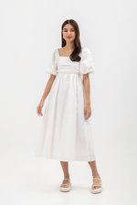 LYDIA PUFF SLEEVE PLEATED CHEST MIDI DRESS