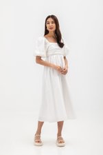 LYDIA PUFF SLEEVE PLEATED CHEST MIDI DRESS