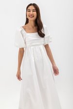 LYDIA PUFF SLEEVE PLEATED CHEST MIDI DRESS