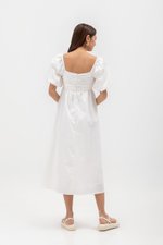 LYDIA PUFF SLEEVE PLEATED CHEST MIDI DRESS
