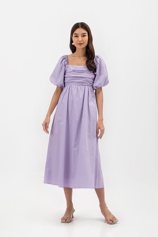 LYDIA PUFF SLEEVE PLEATED CHEST MIDI DRESS