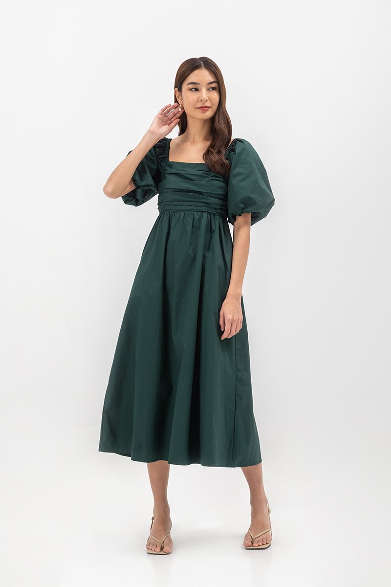 LYDIA PUFF SLEEVE PLEATED CHEST MIDI DRESS