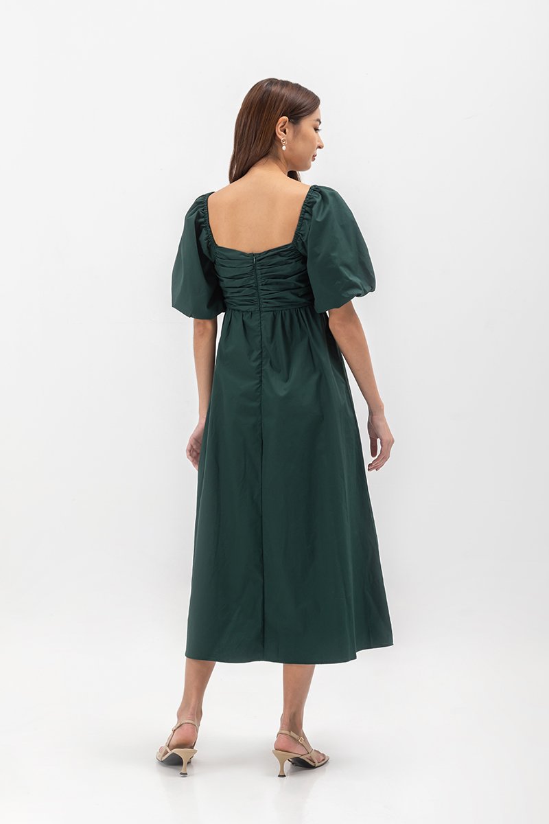 LYDIA PUFF SLEEVE PLEATED CHEST MIDI DRESS