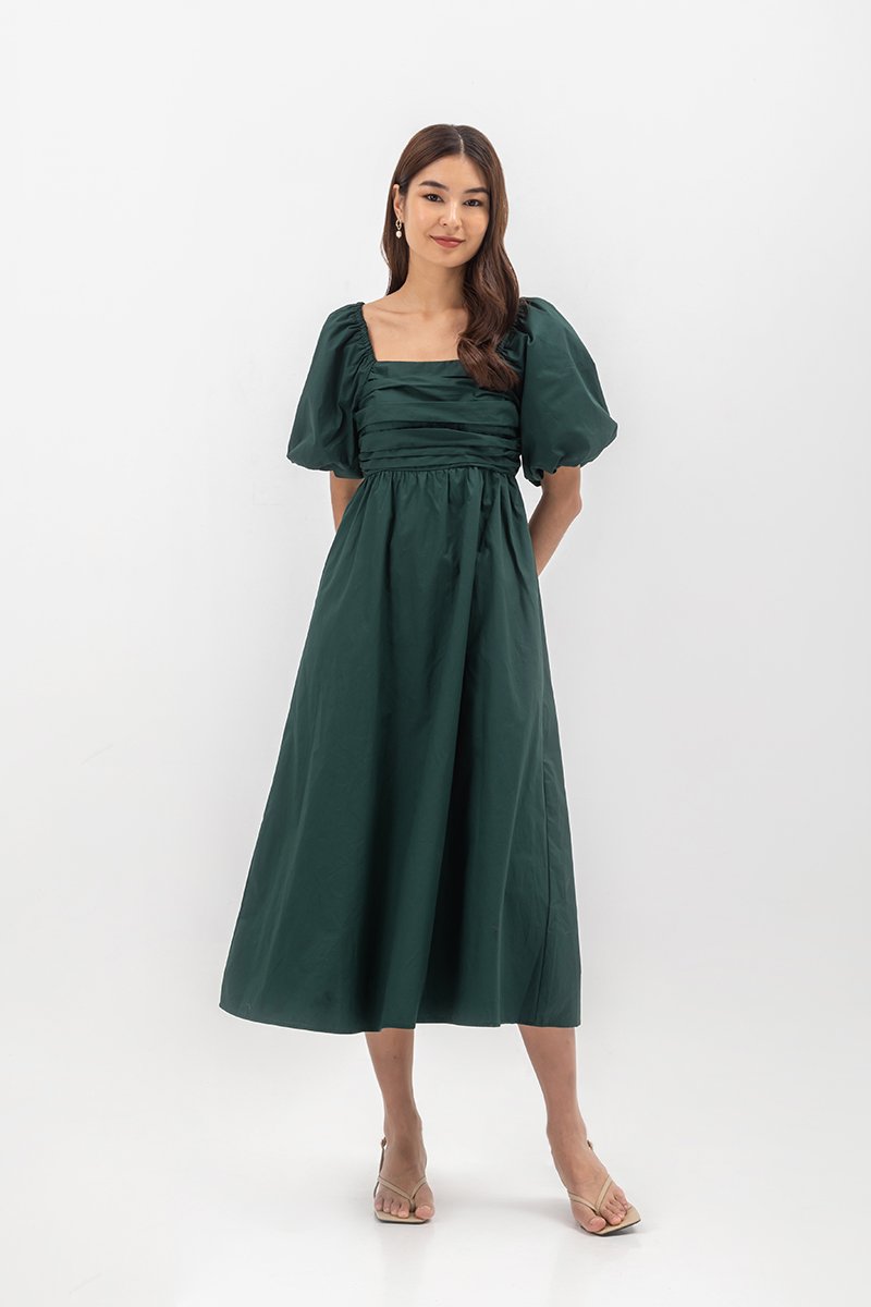 LYDIA PUFF SLEEVE PLEATED CHEST MIDI DRESS
