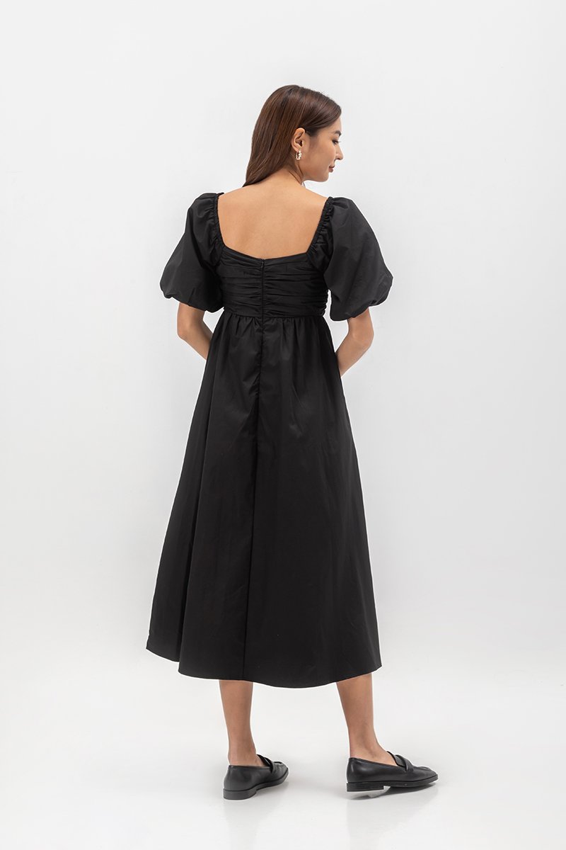 LYDIA PUFF SLEEVE PLEATED CHEST MIDI DRESS