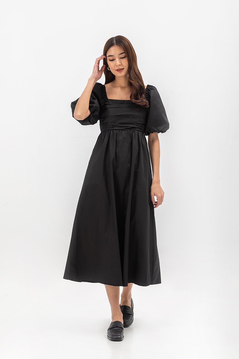 LYDIA PUFF SLEEVE PLEATED CHEST MIDI DRESS