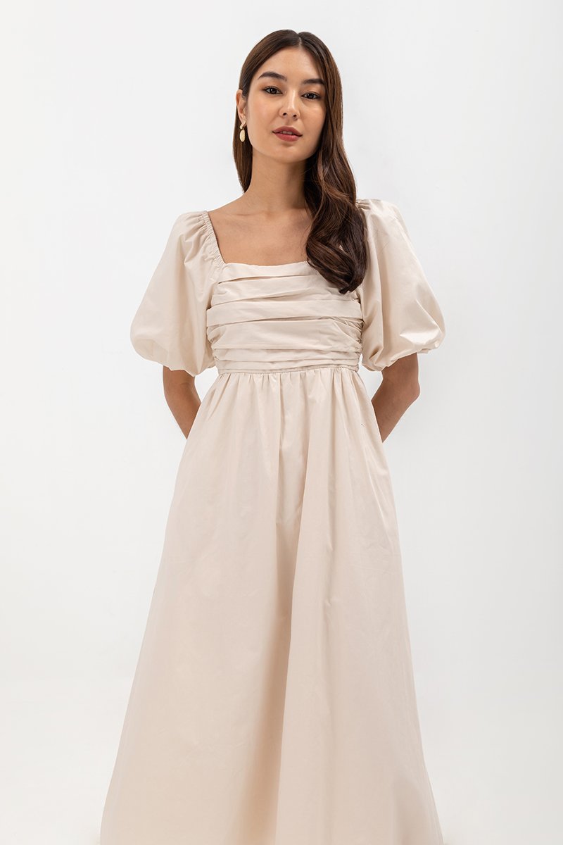 LYDIA PUFF SLEEVE PLEATED CHEST MIDI DRESS