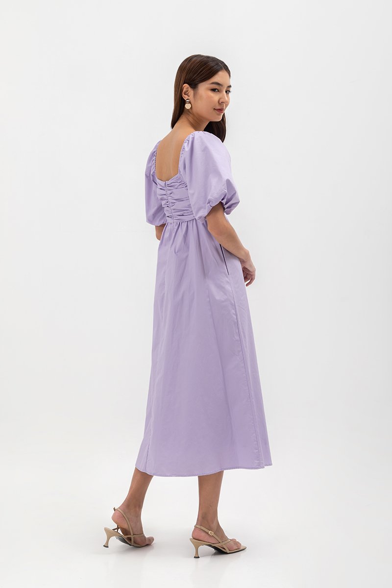 LYDIA PUFF SLEEVE PLEATED CHEST MIDI DRESS