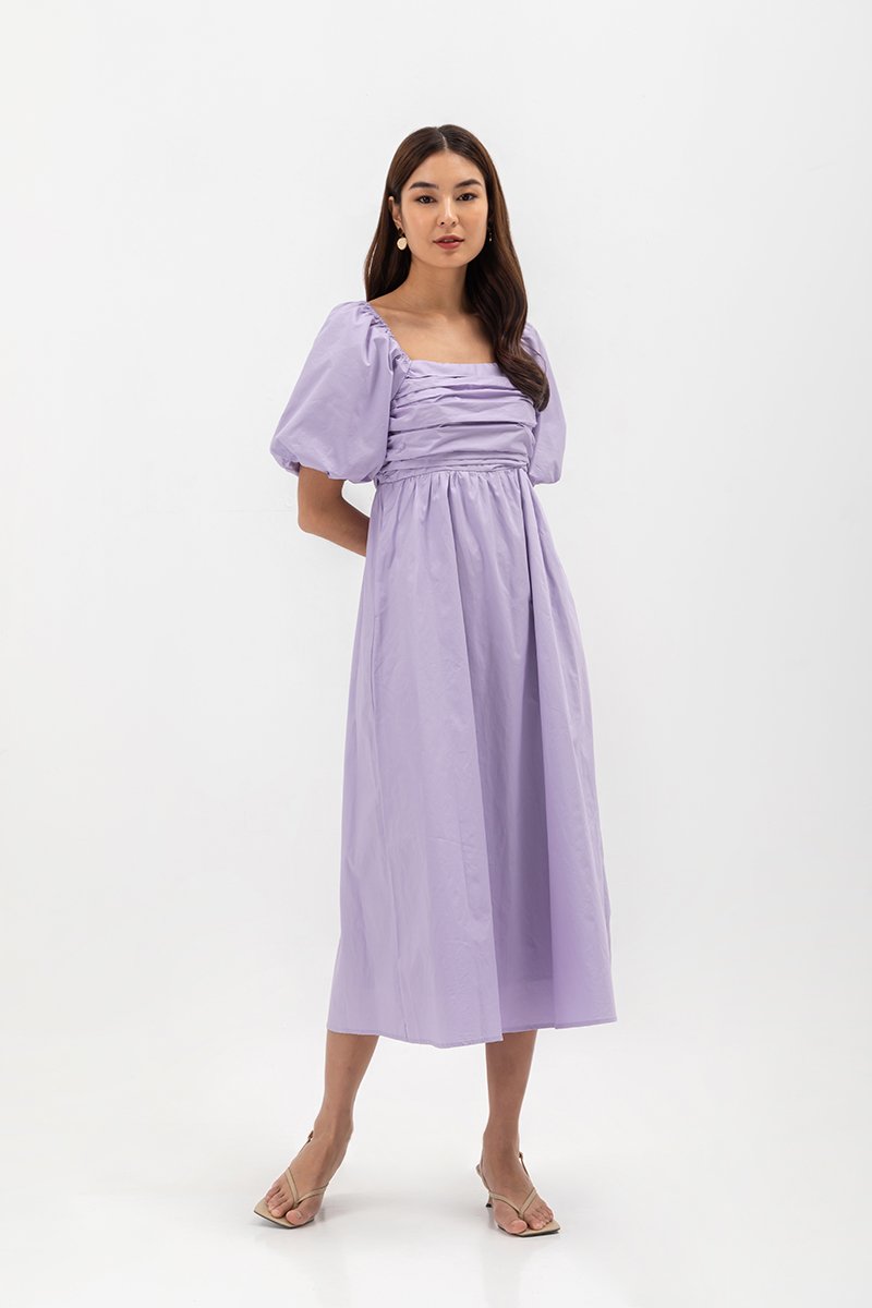 LYDIA PUFF SLEEVE PLEATED CHEST MIDI DRESS