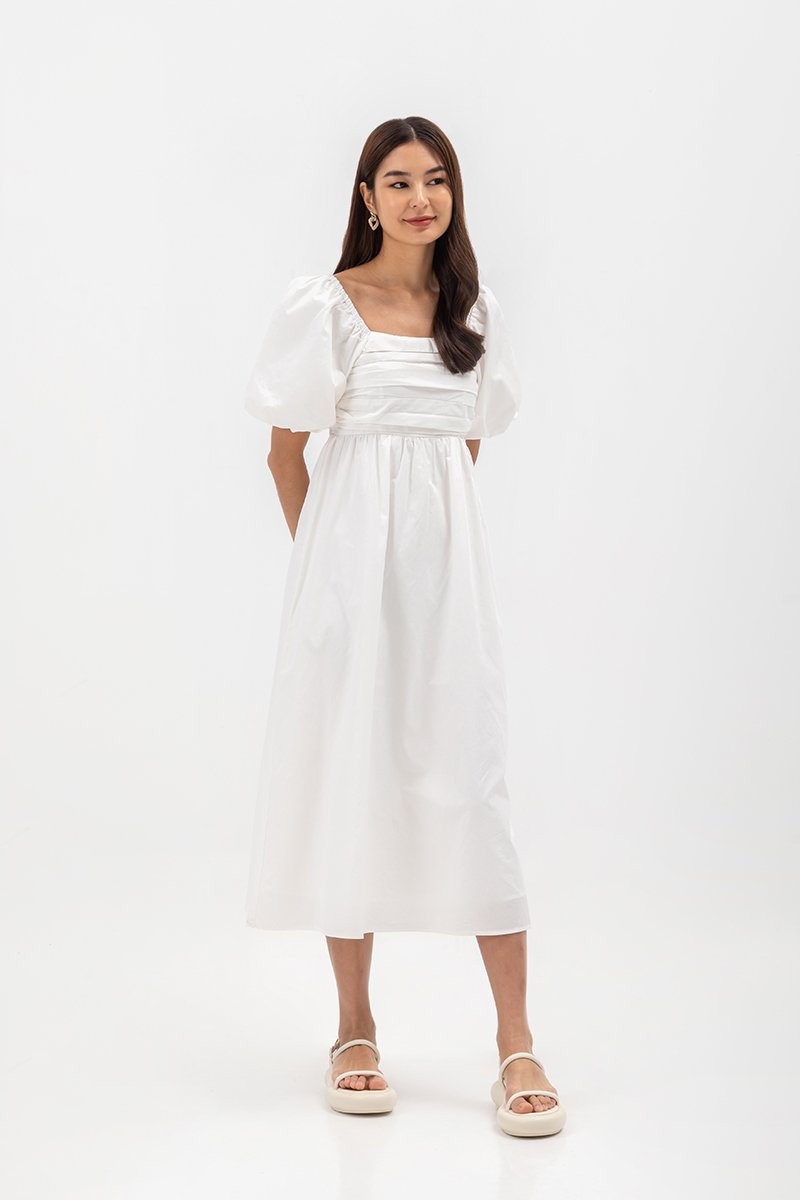 LYDIA PUFF SLEEVE PLEATED CHEST MIDI DRESS