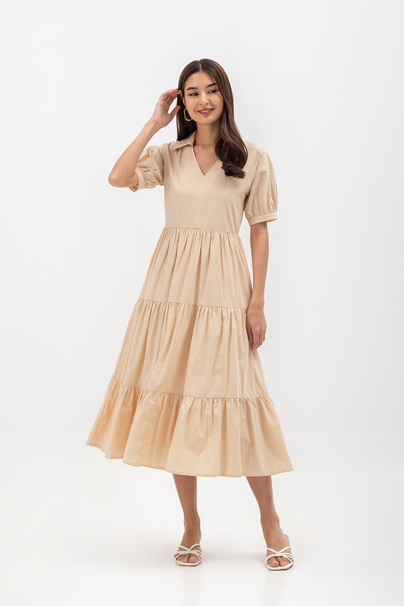 MONROE COLLARED TIERED MIDI DRESS
