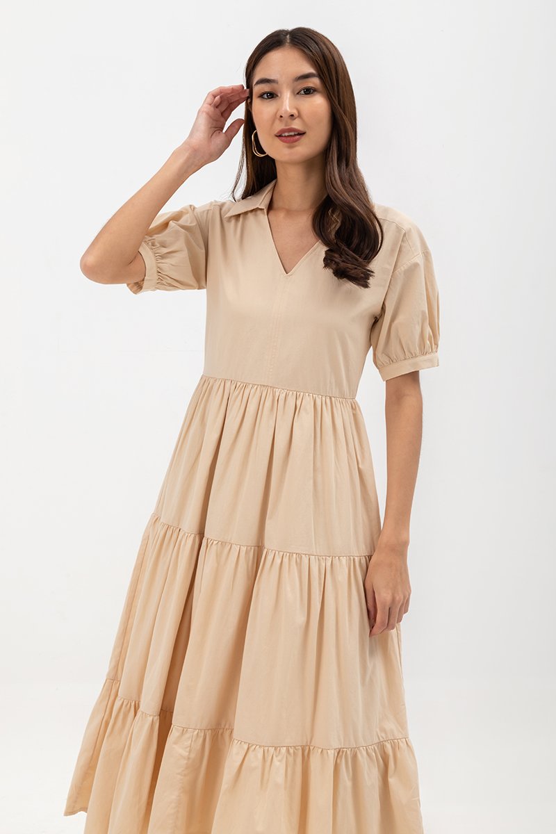 MONROE COLLARED TIERED MIDI DRESS